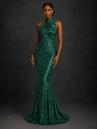 Emerald Green Sequin High Neck Mermaid Prom Dress
