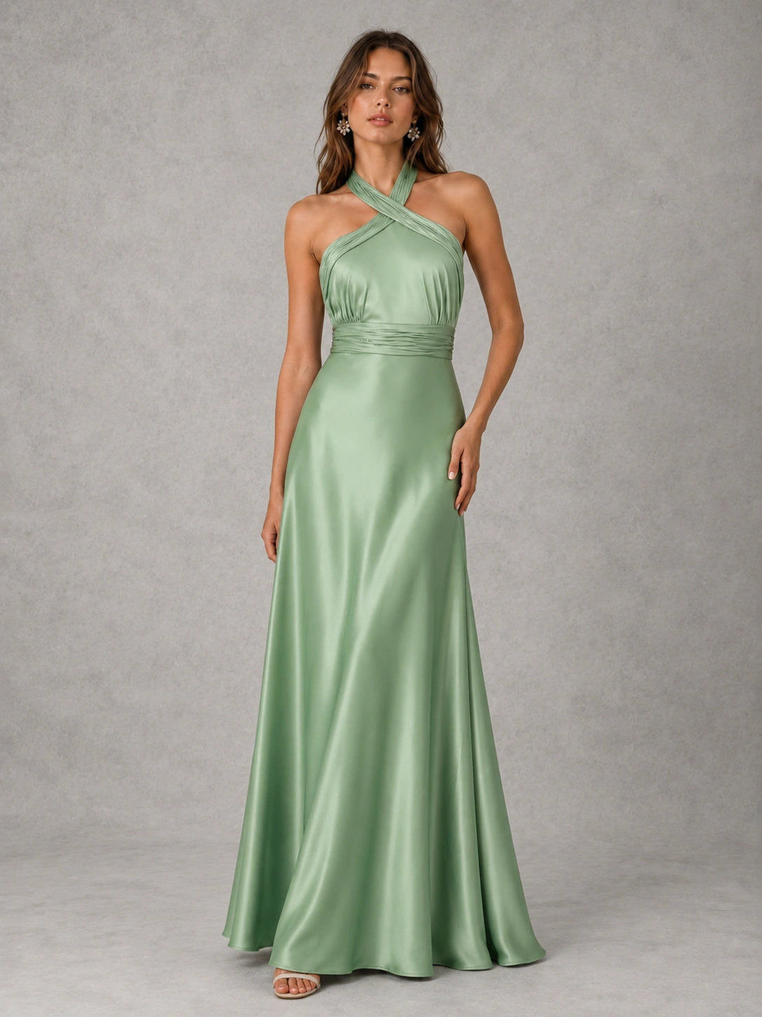 Sage Green Satin Halter Bridesmaid Dress