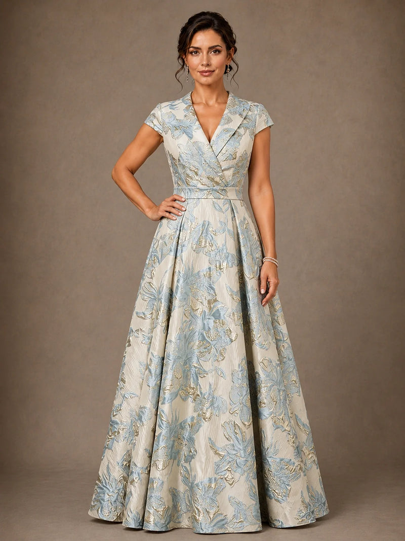 Light blue floral jacquard A-line mother of the bride gown