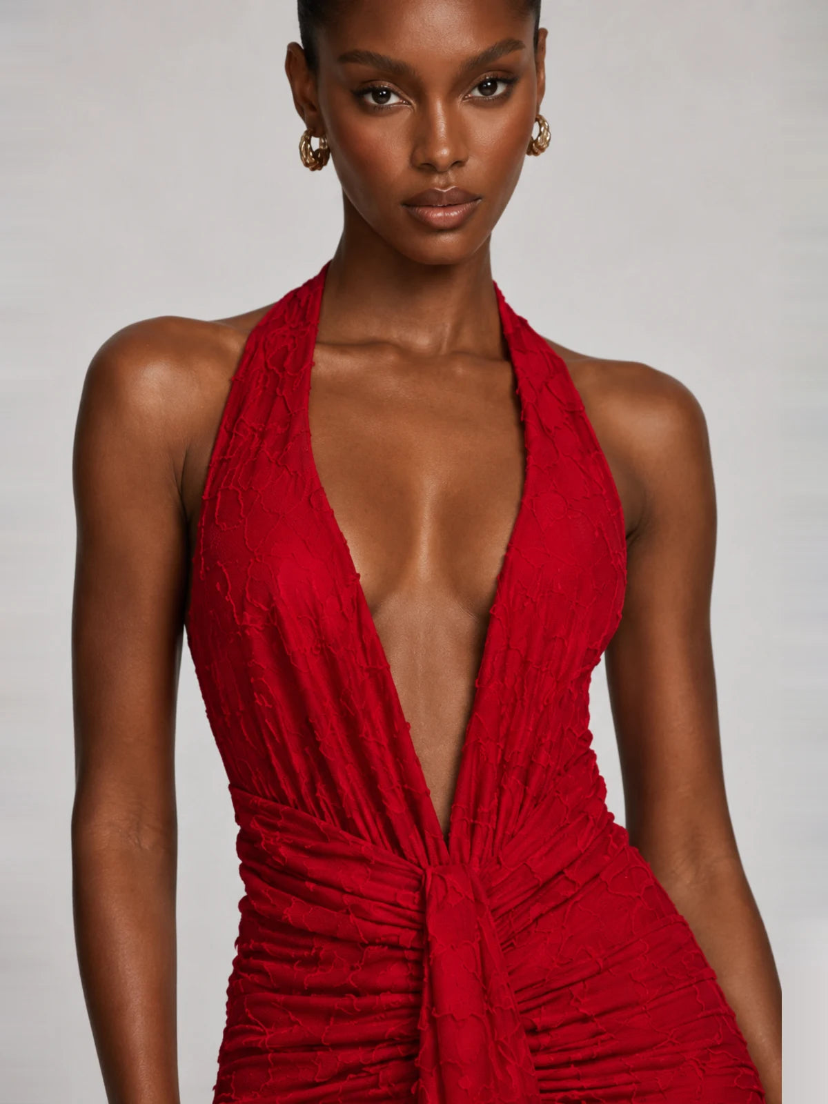 Deep V Halter Ruched Chiffon Jacquard Evening Gown Maxi Dress