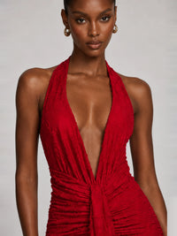 Deep V Halter Ruched Chiffon Jacquard Evening Gown Maxi Dress