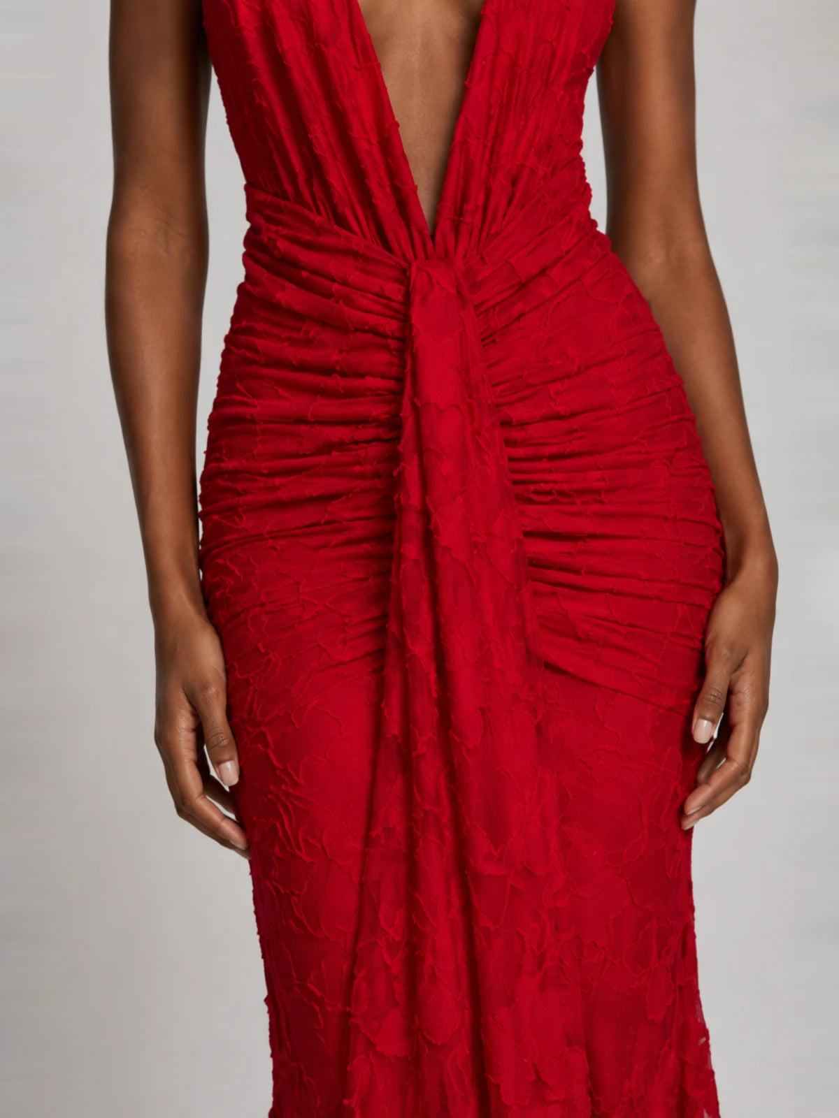 Deep V Halter Ruched Chiffon Jacquard Evening Gown Maxi Dress