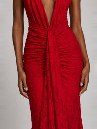 Deep V Halter Ruched Chiffon Jacquard Evening Gown Maxi Dress