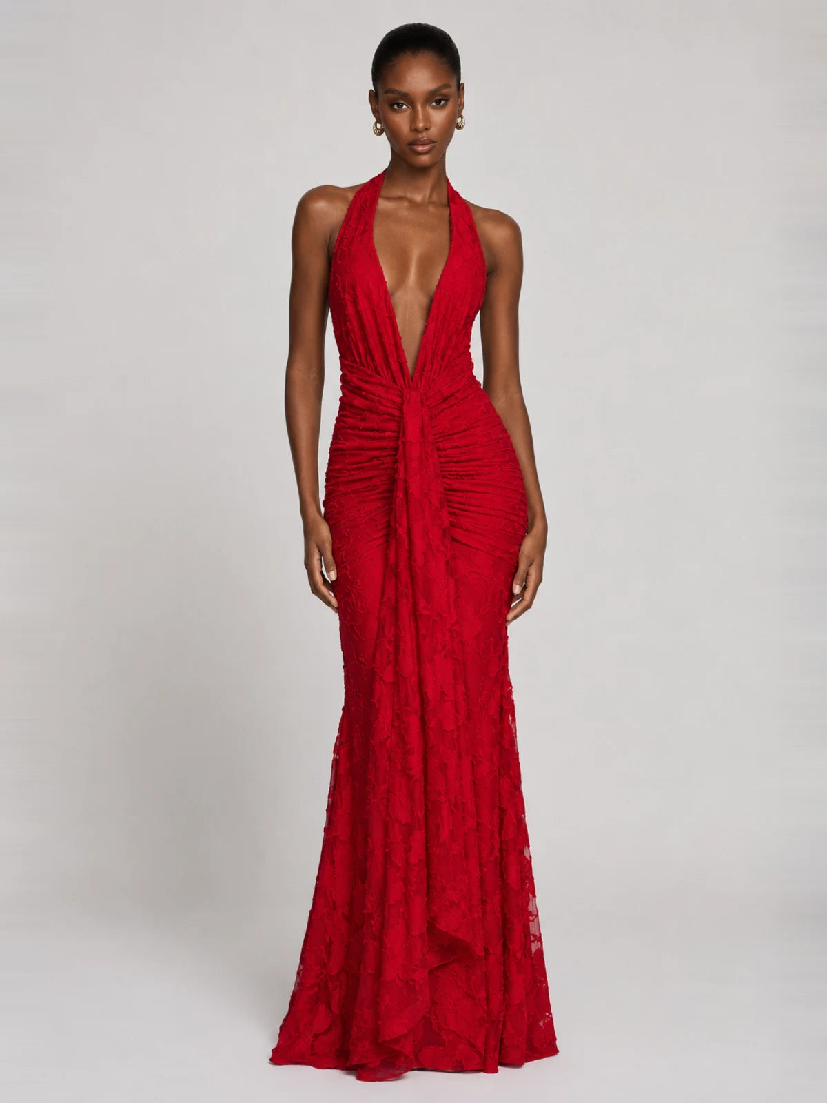 Deep V Halter Ruched Chiffon Jacquard Evening Gown Maxi Dress