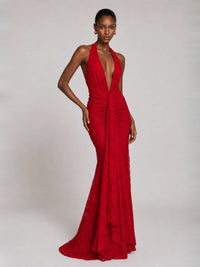 Deep V Halter Ruched Chiffon Jacquard Evening Gown Maxi Dress