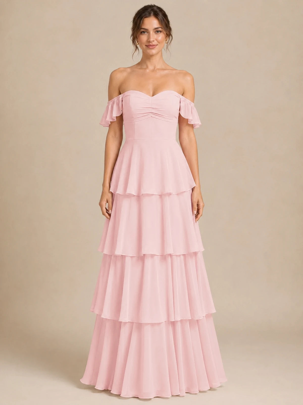 Off Shoulder Tiered Chiffon A-Line Bridesmaid Dress