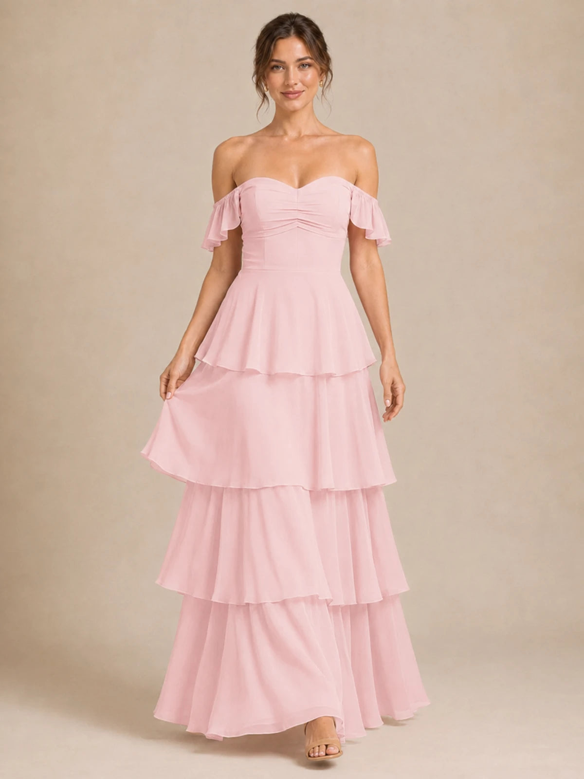 Off Shoulder Tiered Chiffon A-Line Bridesmaid Dress