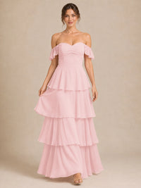 Off Shoulder Tiered Chiffon A-Line Bridesmaid Dress