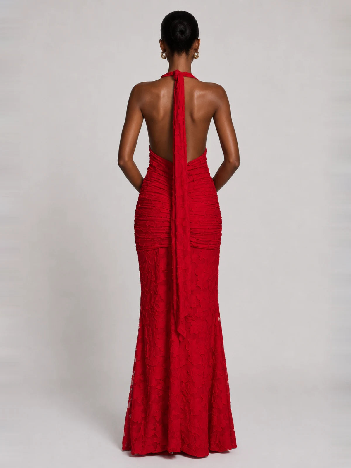 Deep V Halter Ruched Chiffon Jacquard Evening Gown Maxi Dress