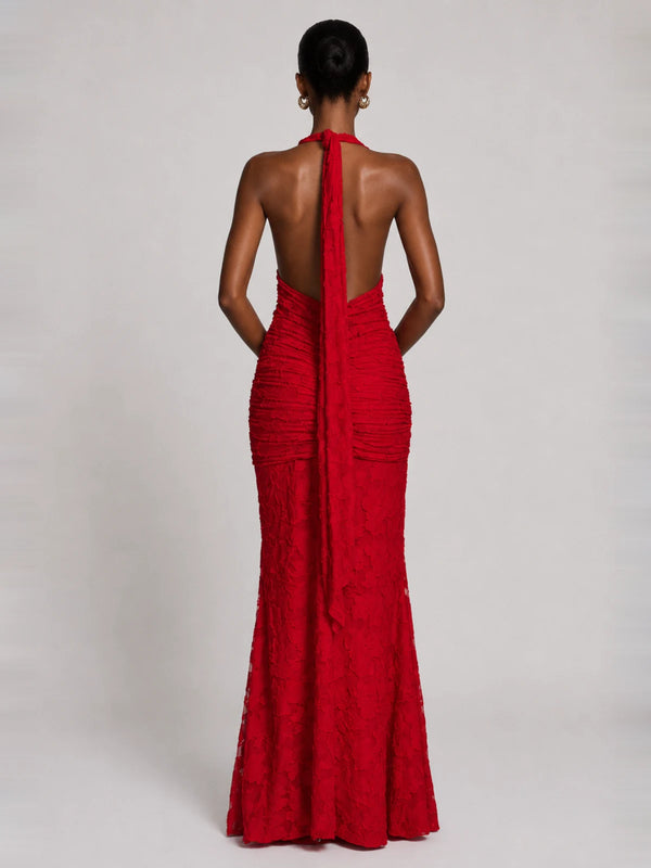 Deep V Halter Ruched Chiffon Jacquard Evening Gown Maxi Dress