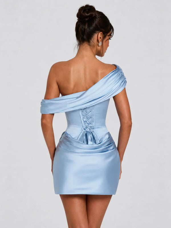 Strapless Satin Corset Homecoming Dress with Detachable Off-Shoulder Drape