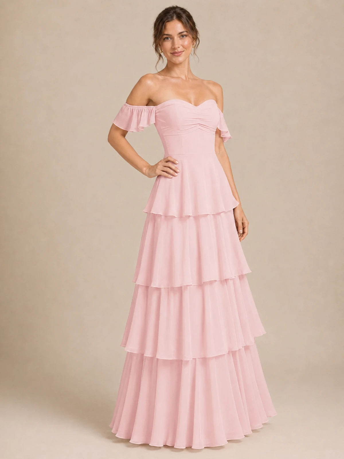 Off Shoulder Tiered Chiffon A-Line Bridesmaid Dress