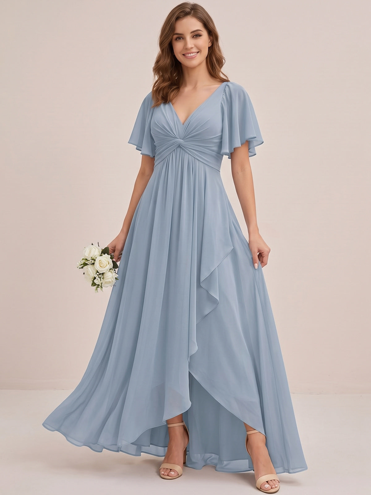 Dusty Blue Chiffon Bridesmaid Dress with Flutter Sleeves & High-Low Hem
