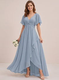 Dusty Blue Chiffon Bridesmaid Dress with Flutter Sleeves & High-Low Hem