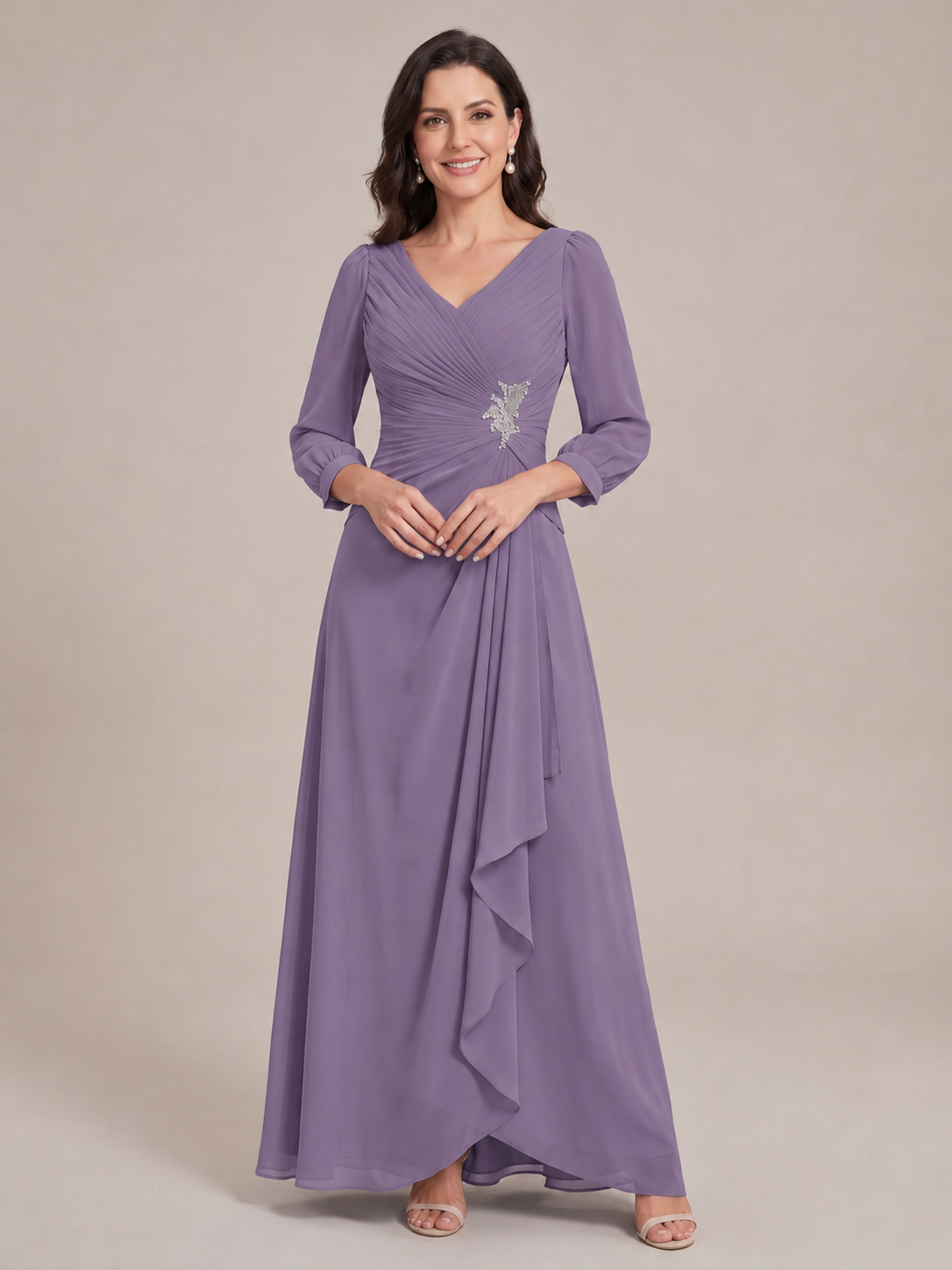 V-Neck Pleated Chiffon Mother of the Bride Dress with Flutter Sleeves