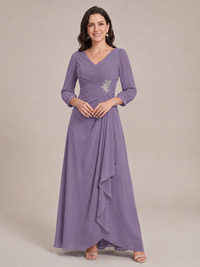 V-Neck Pleated Chiffon Mother of the Bride Dress with Flutter Sleeves