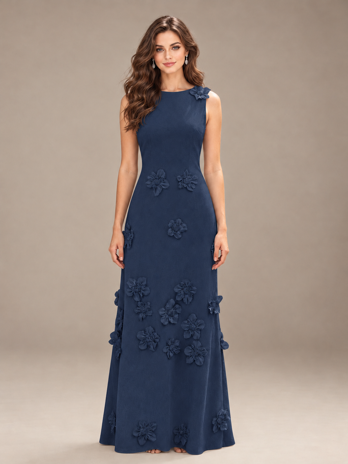 Light Blue 3D Floral Applique Sleeveless Maxi Dress