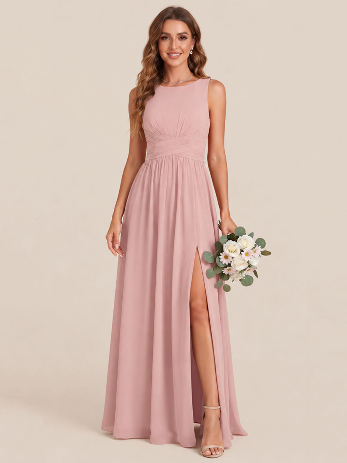 A-line Sleeveless Rucehd Chiffon Bridesmaid Dress with High Slit