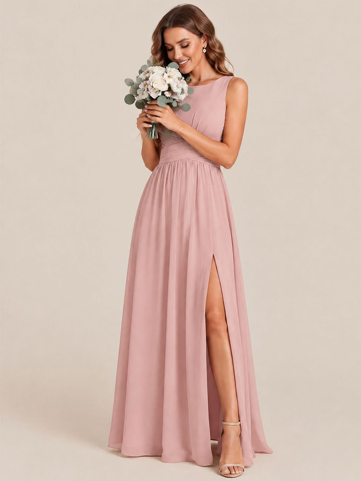 A-line Sleeveless Rucehd Chiffon Bridesmaid Dress with High Slit
