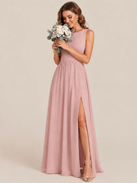 A-line Sleeveless Rucehd Chiffon Bridesmaid Dress with High Slit
