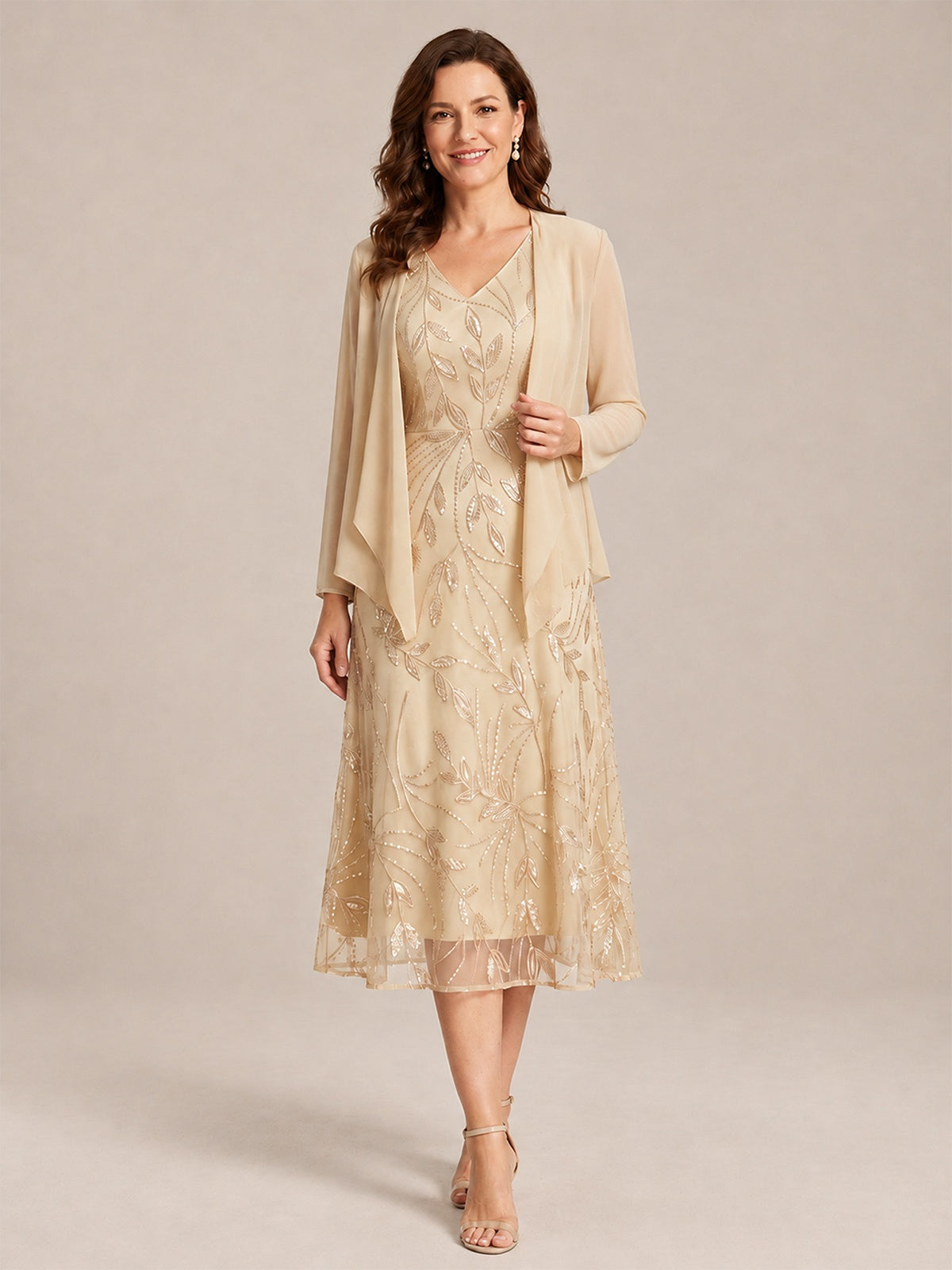Champagne-2 Piece Lace Appliques Chiffon Mother of The Bride Dress with Sequin