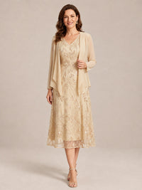 Champagne-2 Piece Lace Appliques Chiffon Mother of The Bride Dress with Sequin
