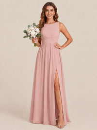A-line Sleeveless Rucehd Chiffon Bridesmaid Dress with High Slit