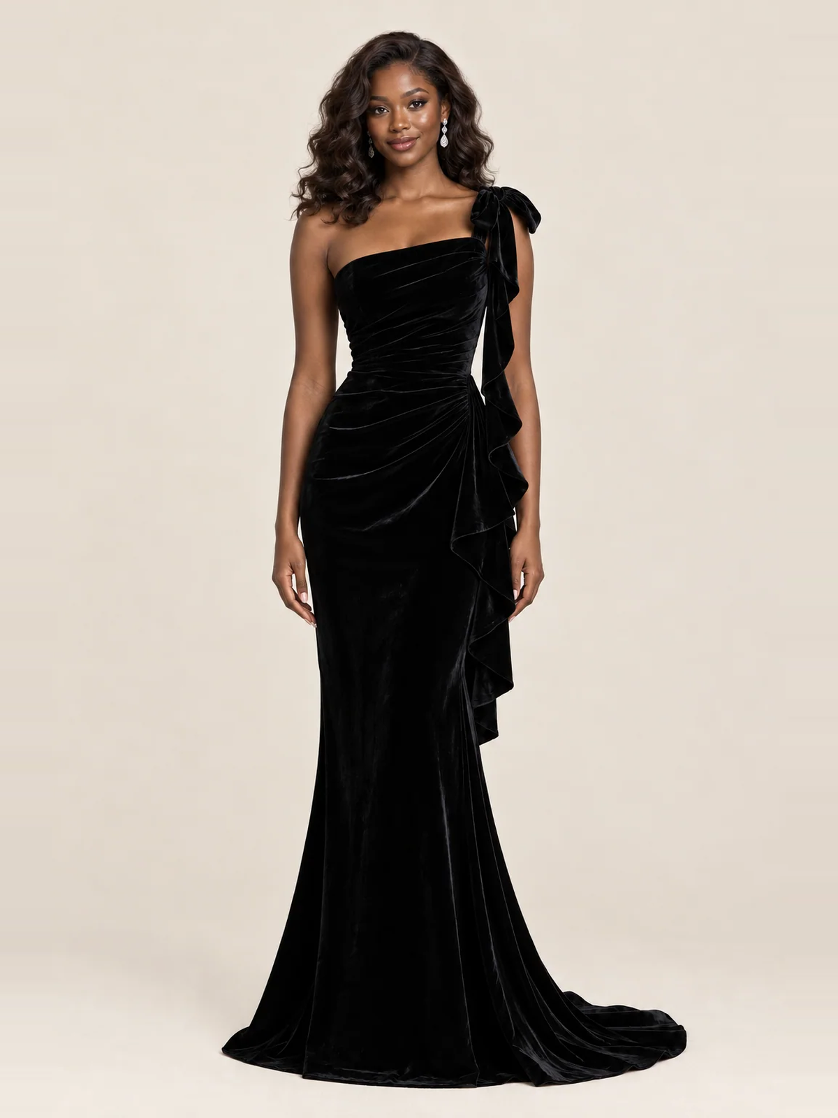 Black Velvet One-Shoulder Mermaid Evening Gown with Bow & Ruffles