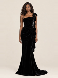 Black Velvet One-Shoulder Mermaid Evening Gown with Bow & Ruffles