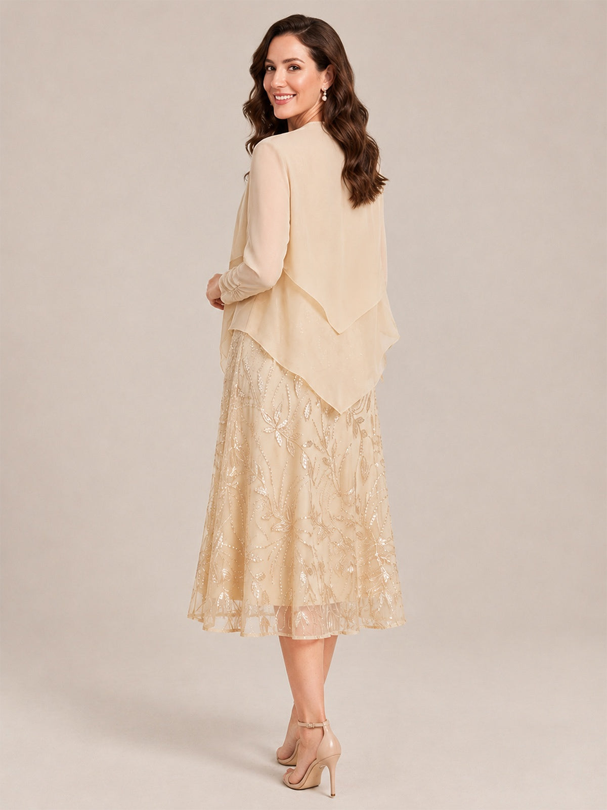 Tea Length Sequin Lace Mother of the Bride Dress with Chiffon Jacket