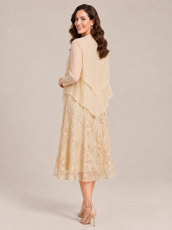 Tea Length Sequin Lace Mother of the Bride Dress with Chiffon Jacket