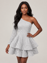 White One Shouler Sequin Homecoming Dress with Long Sleeve Sparkly Puffy Tiered Mini Prom Dress Cocktail Party Gown