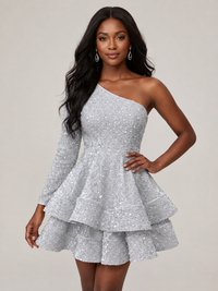 Silver One Shouler Sequin Homecoming Dress with Long Sleeve Sparkly Puffy Tiered Mini Prom Dress Cocktail Party Gown