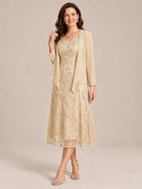 Tea Length Sequin Lace Mother of the Bride Dress with Chiffon Jacket