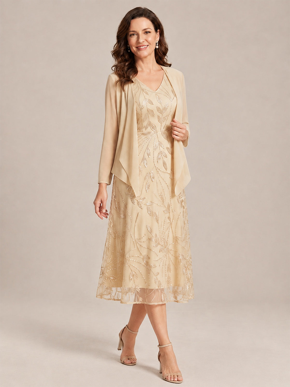 Tea Length Sequin Lace Mother of the Bride Dress with Chiffon Jacket
