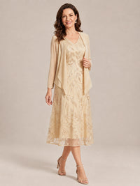 Tea Length Sequin Lace Mother of the Bride Dress with Chiffon Jacket