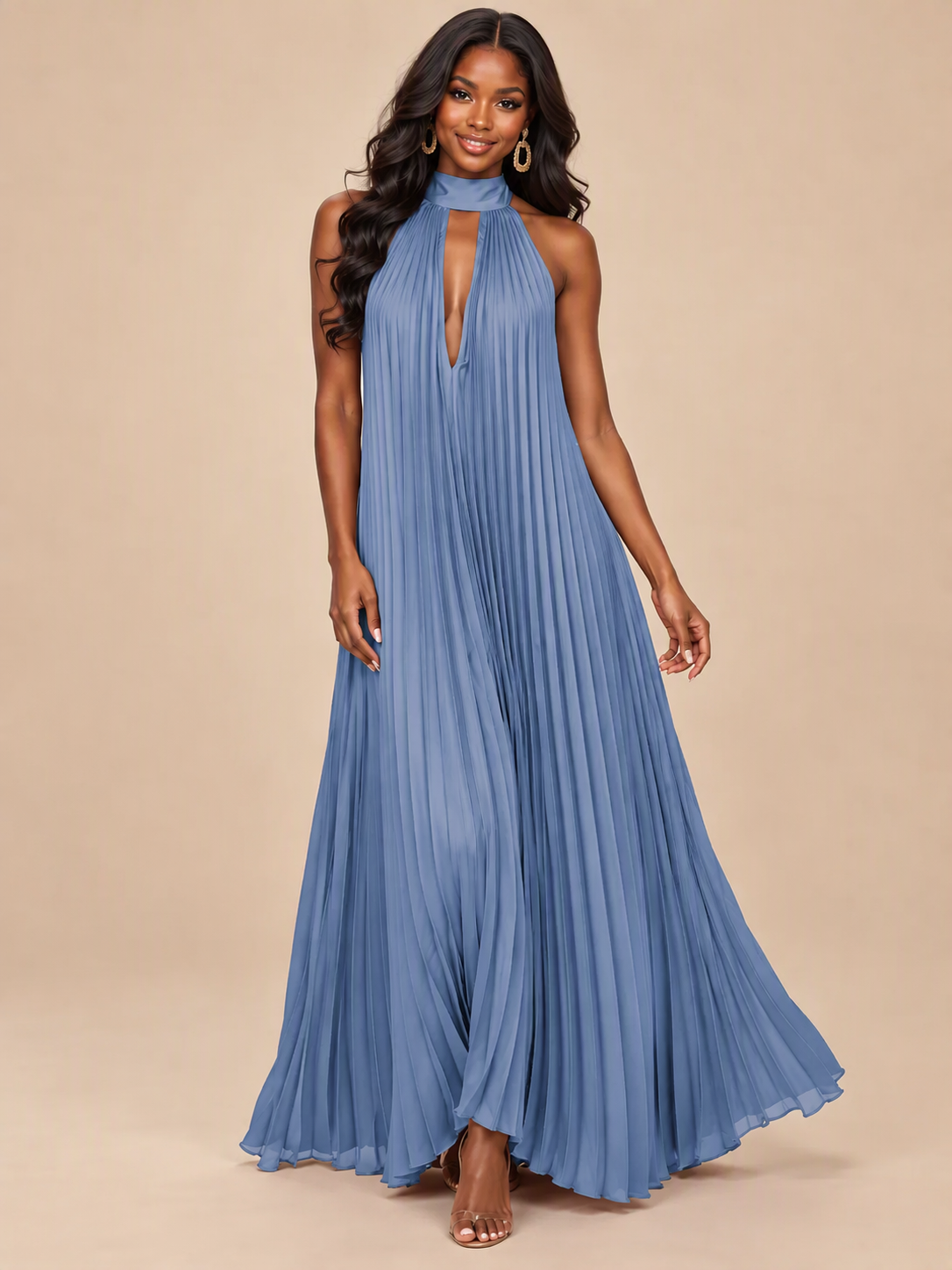 Rust Orange Pleated Halter Neck Maxi Dress