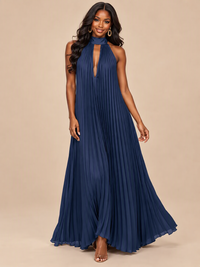 Rust Orange Pleated Halter Neck Maxi Dress