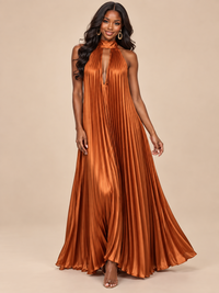 Rust Orange Pleated Halter Neck Maxi Dress