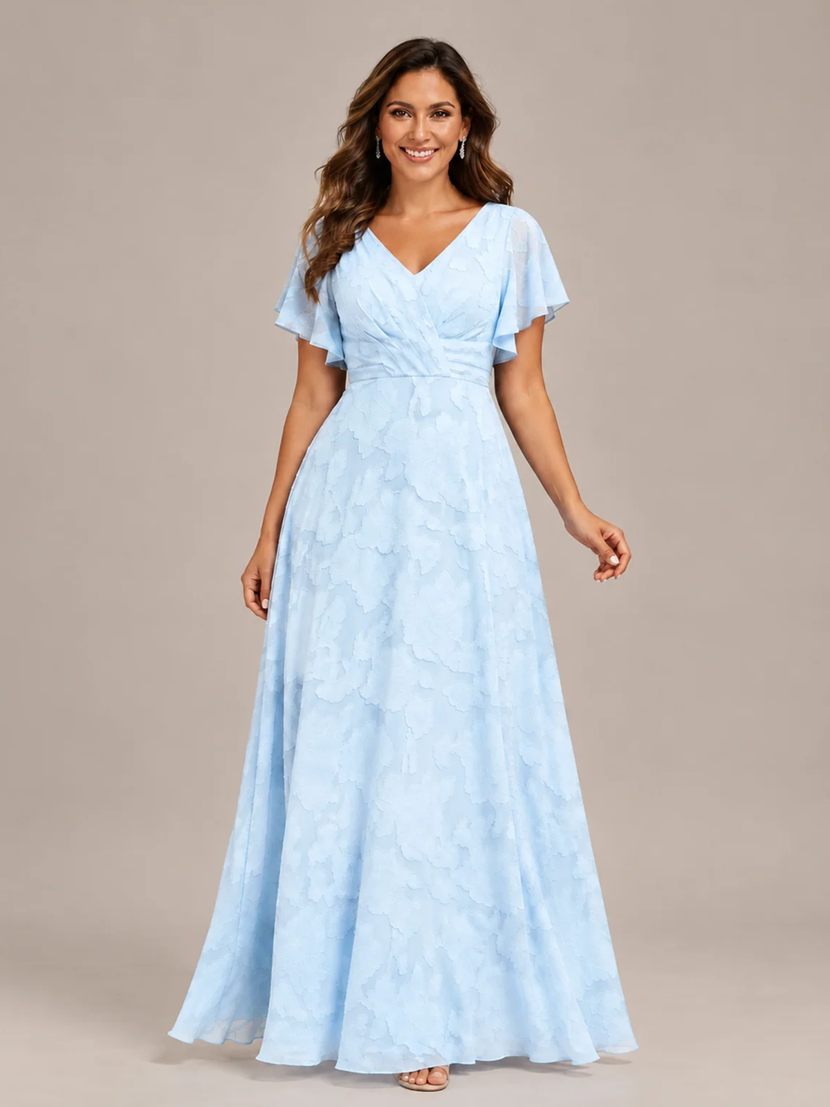 Jovellee Floral Chiffon A-Line Mother of the Bride Dress with Flutter Sleeves