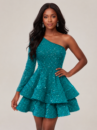 Teal One Shouler Sequin Homecoming Dress with Long Sleeve Sparkly Puffy Tiered Mini Prom Dress Cocktail Party Gown