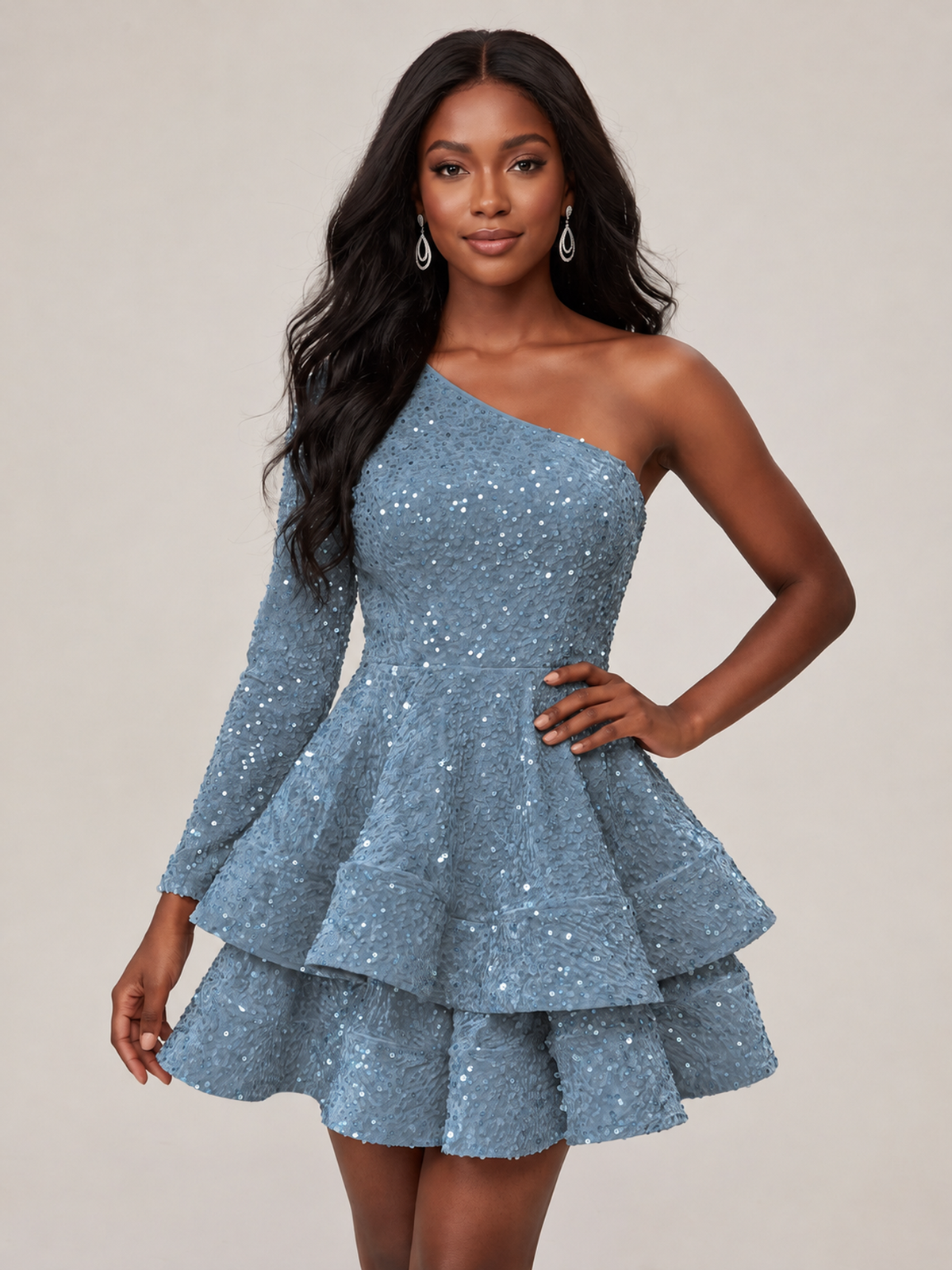 Dusty Blue One Shouler Sequin Homecoming Dress with Long Sleeve Sparkly Puffy Tiered Mini Prom Dress Cocktail Party Gown