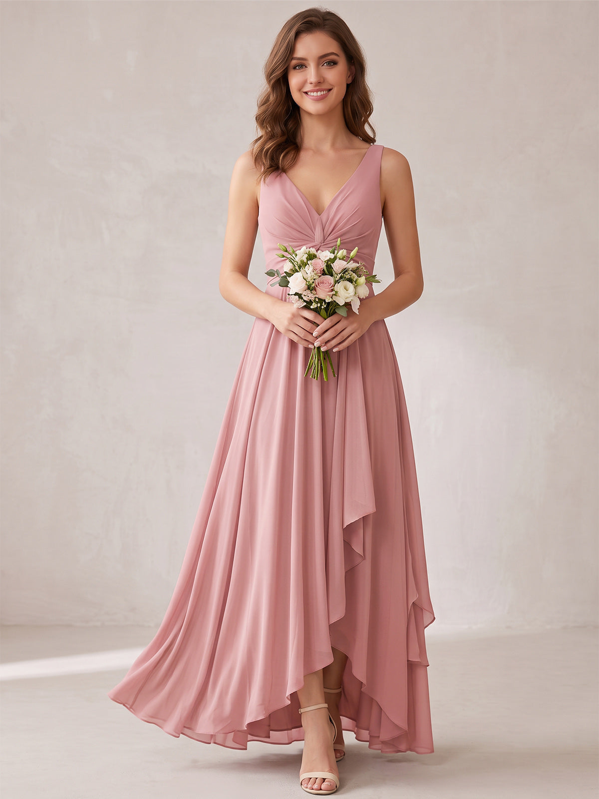 V-Neck High-Low Chiffon Bridesmaid Dress with Ruffles