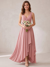 V-Neck High-Low Chiffon Bridesmaid Dress with Ruffles