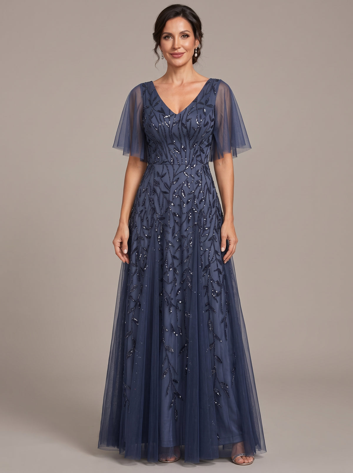 Navy Blue V-Neck Sequin Tulle Mother of the Bride Dress with Flutter Sleeve A-line Evening Formal Wedding Guest Dress