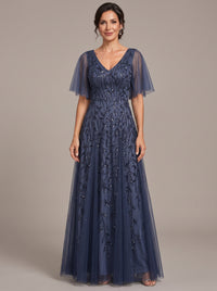 Navy Blue V-Neck Sequin Tulle Mother of the Bride Dress with Flutter Sleeve A-line Evening Formal Wedding Guest Dress