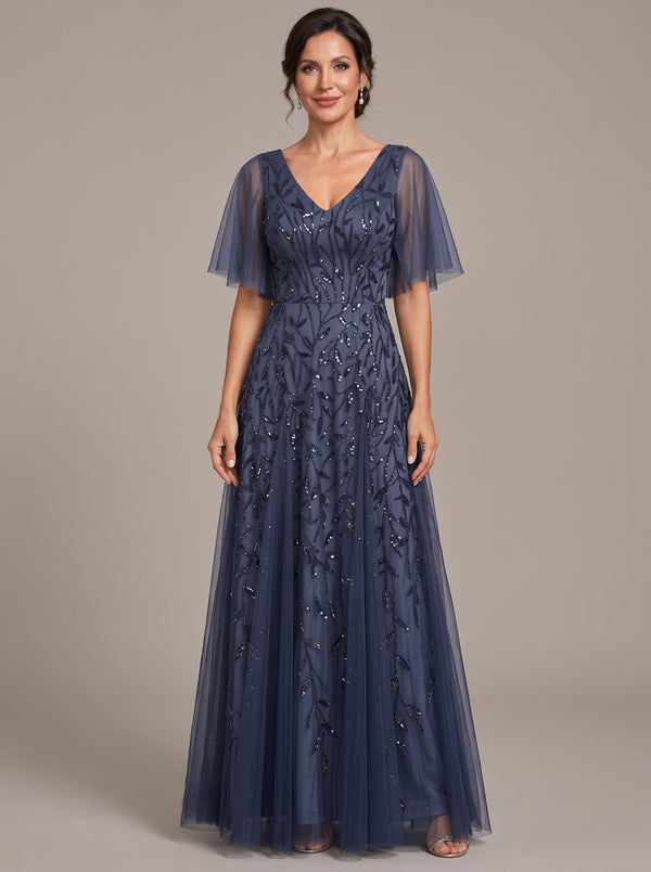 Navy Blue V-Neck Sequin Tulle Mother of the Bride Dress with Flutter Sleeve A-line Evening Formal Wedding Guest Dress