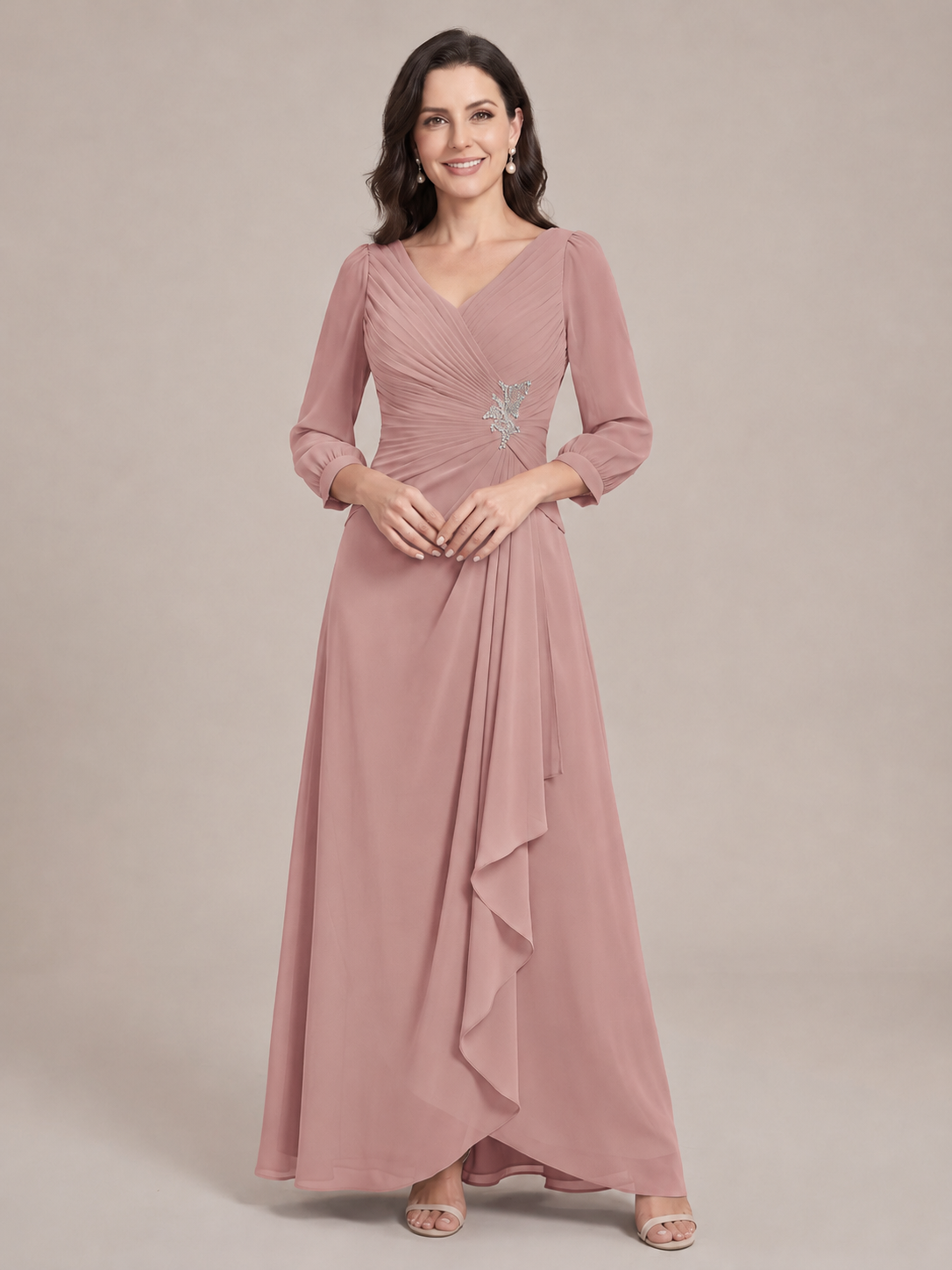 V-Neck Pleated Chiffon Mother of the Bride Dress with Flutter Sleeves