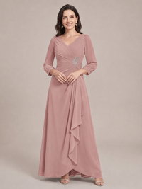 V-Neck Pleated Chiffon Mother of the Bride Dress with Flutter Sleeves