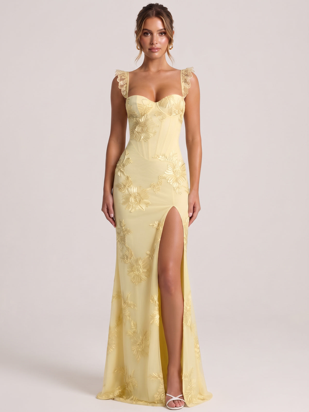 Yellow Sweetheart Floral Applique Corset Mermaid Prom Dress with High Slit Long Formal Evening Gown